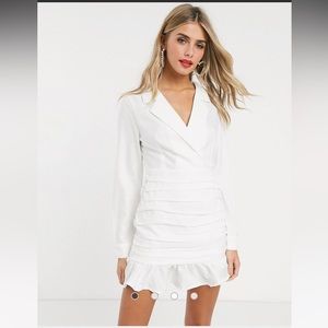In The Style white plunge front ruched detail mini blazer dress in white